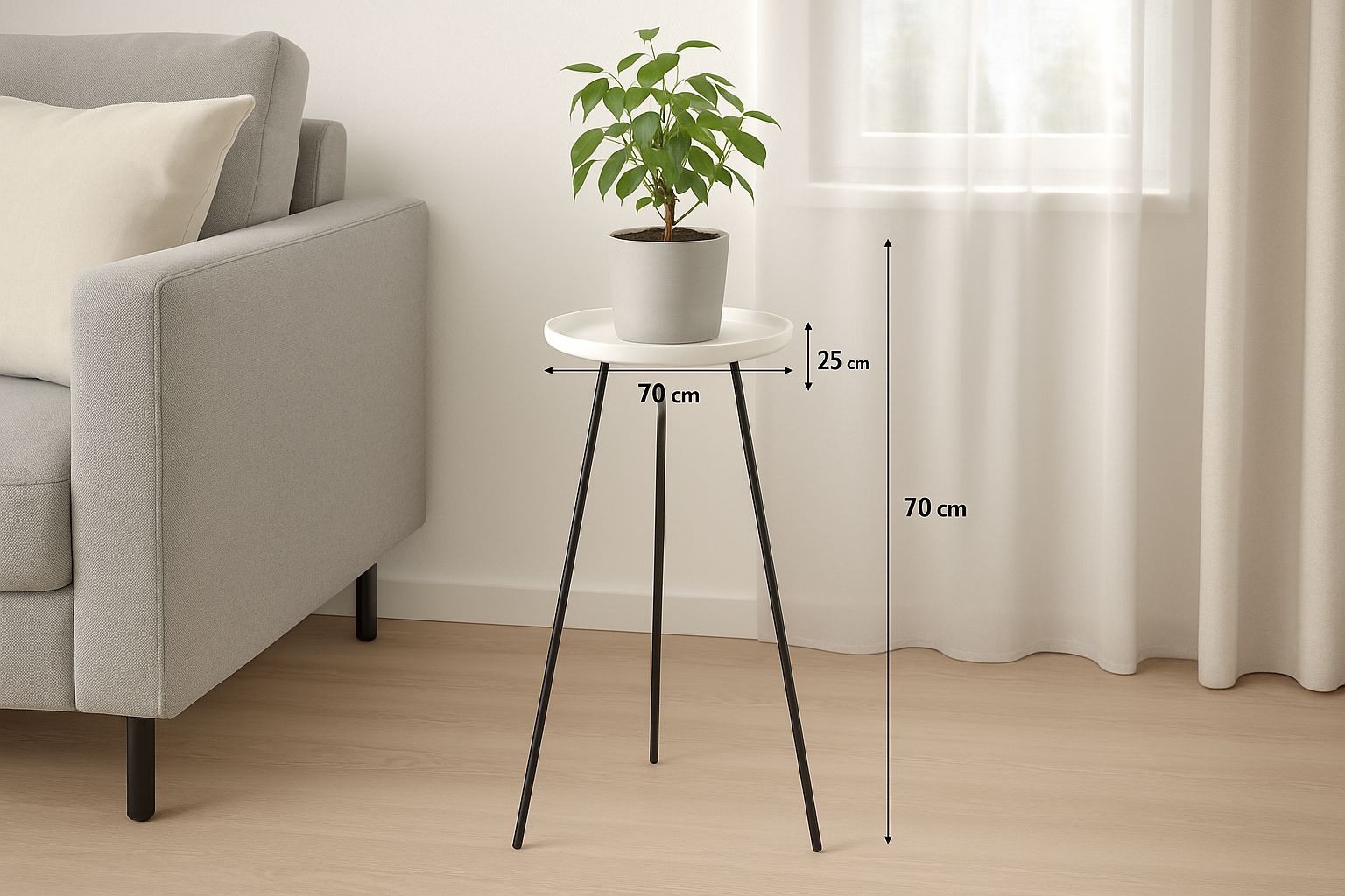 Suporte para Plantas Tripé Metal Preto com Base Cerâmica 70cm