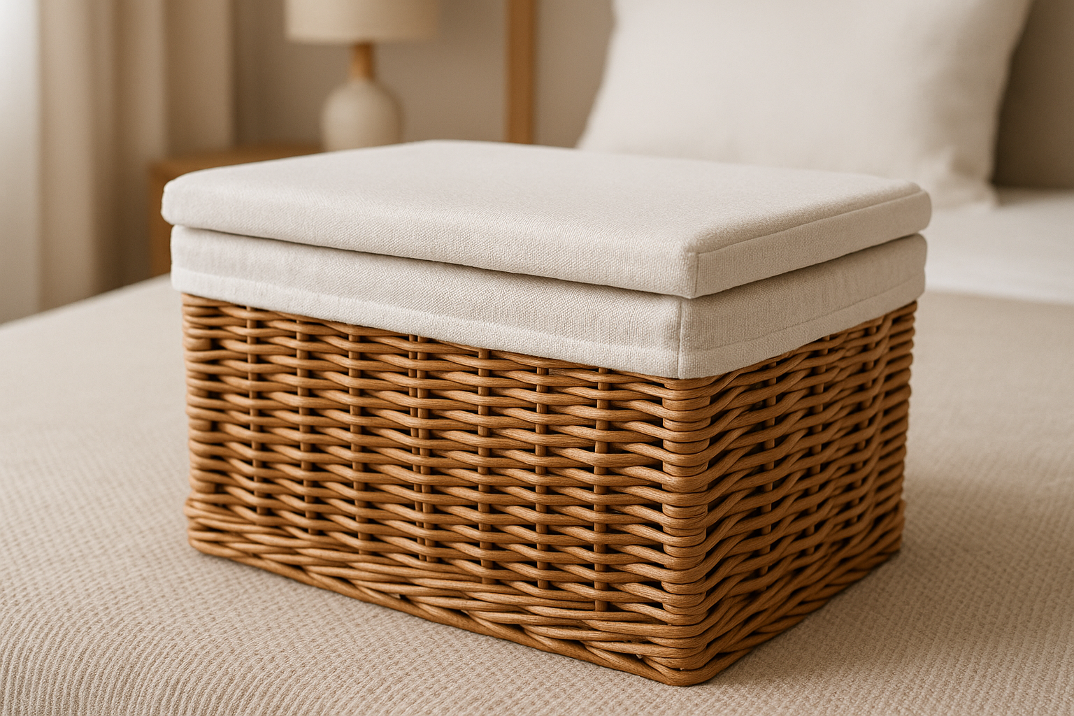 Cesta Organizadora com Tampa Vime Natural Forro Branco 35x25cm