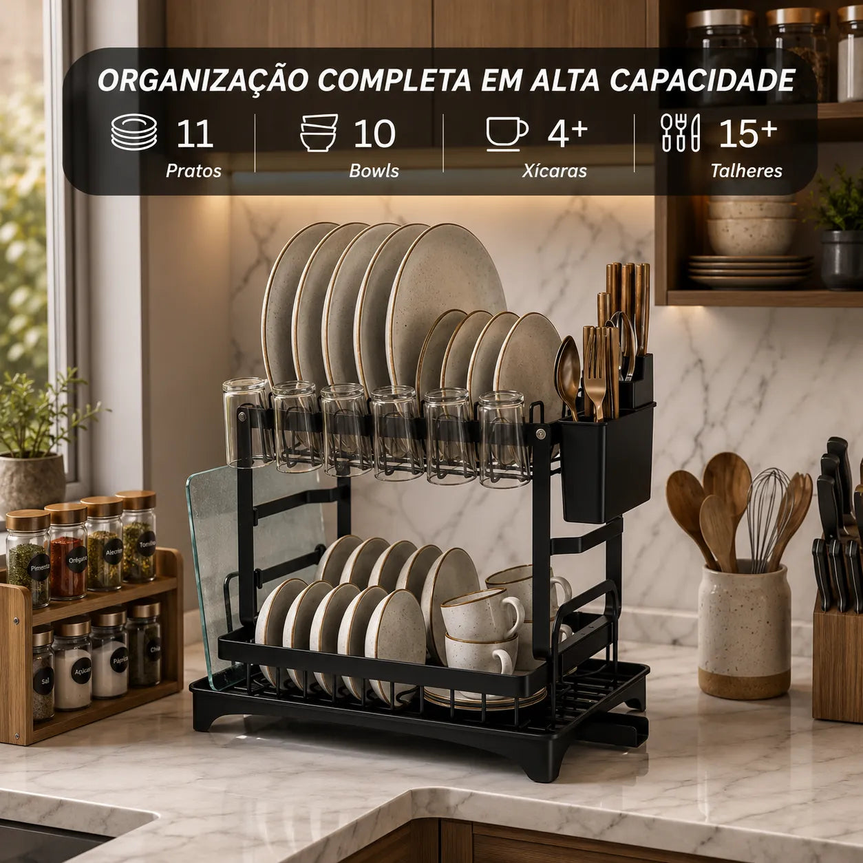 Escorredor de Louça 2 Andares Aço Carbono Preto Inox