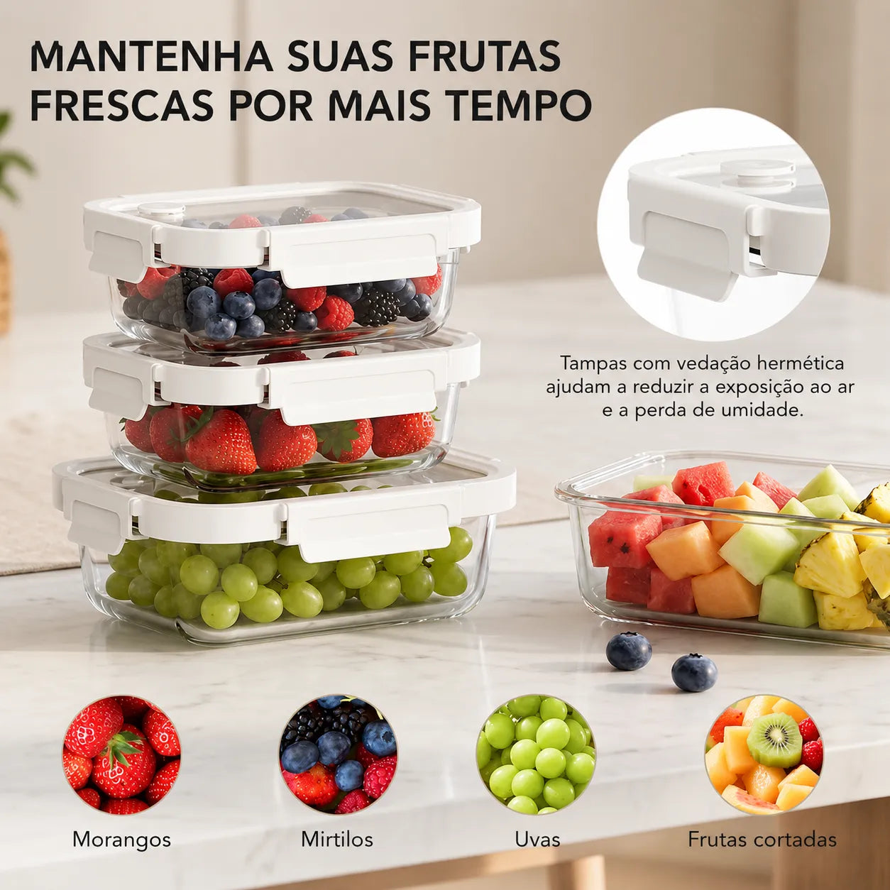 Kit Potes de Vidro Herméticos – Conserve Frutas e Verduras Frescas por Mais Tempo (Livre de BPA)