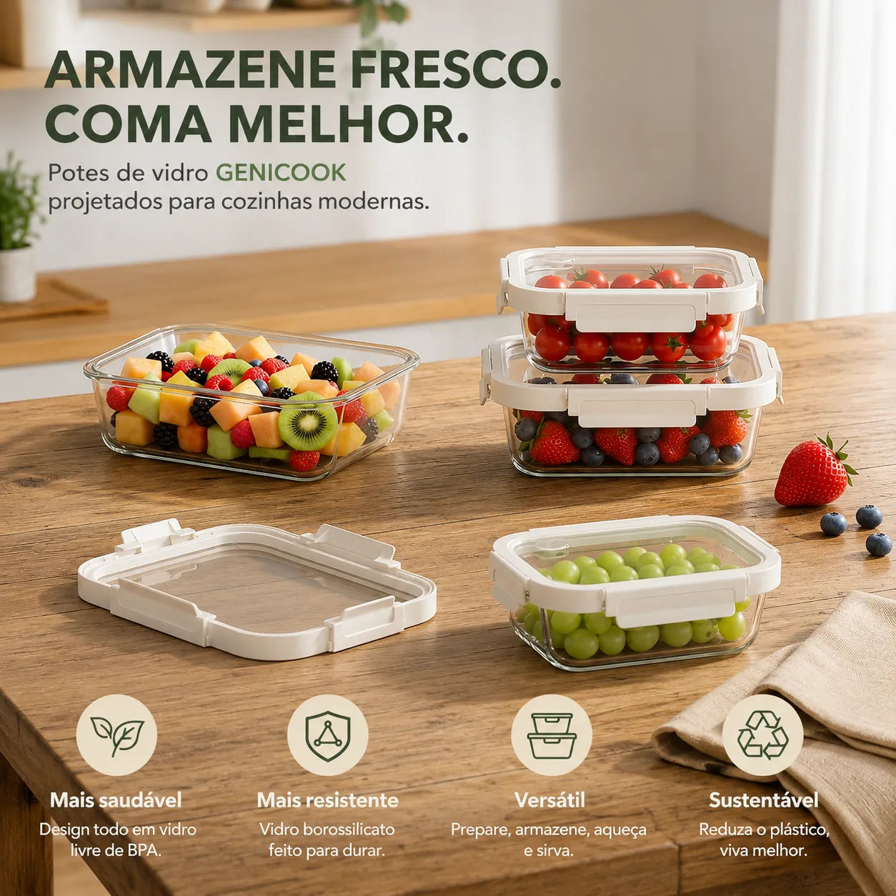 Kit Potes de Vidro Herméticos – Conserve Frutas e Verduras Frescas por Mais Tempo (Livre de BPA)